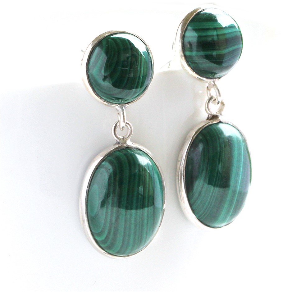 24 Cts Malachite Drop 925 Sterling Silver Gemstone Earrings