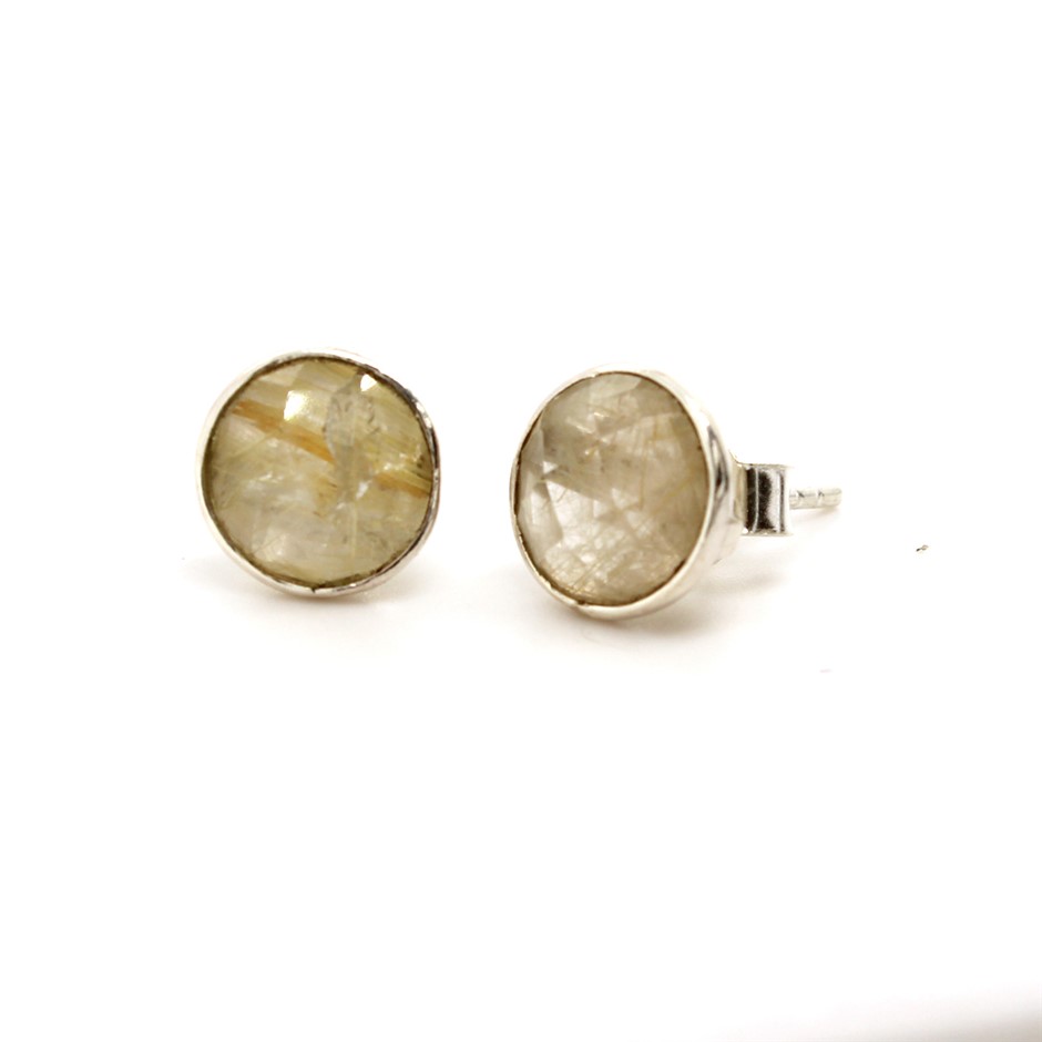 Handcrafted Rutilated Quartz Stud 925 Sterling Silver Gemstone Earrings