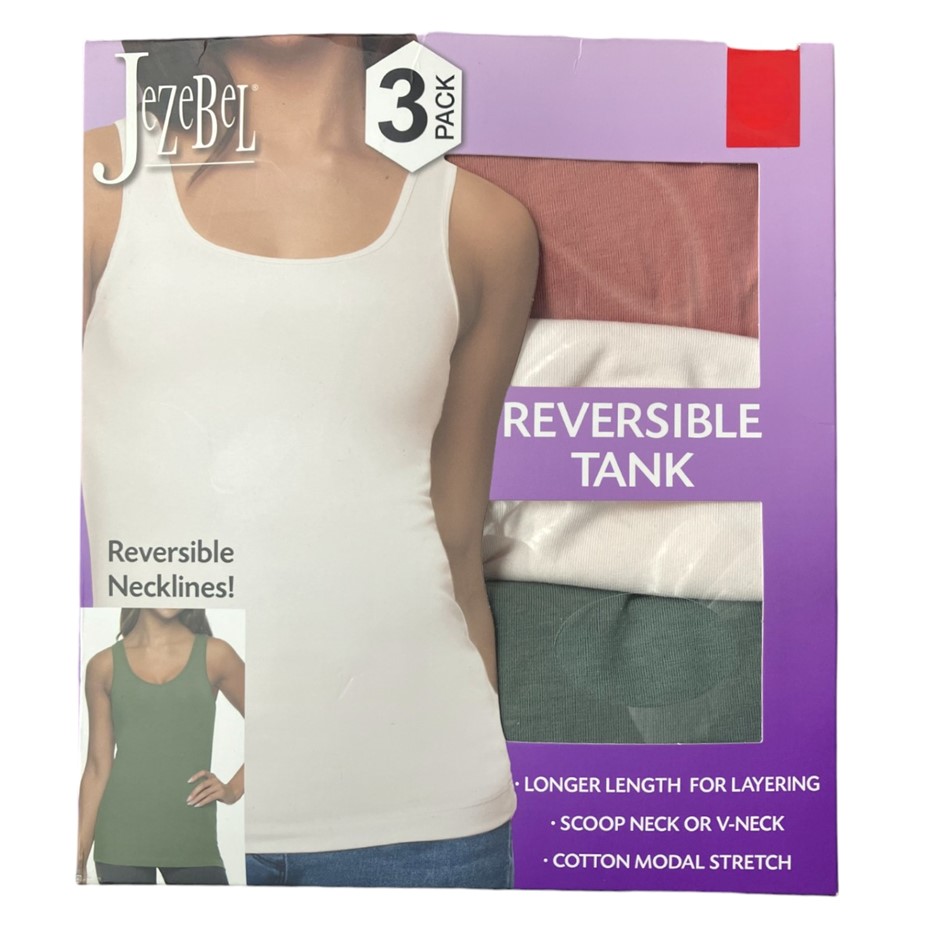 3-Pack JEZEBEL Reversible Tanks, Size L, Cotton/Modal, Coral/Cream/Green.