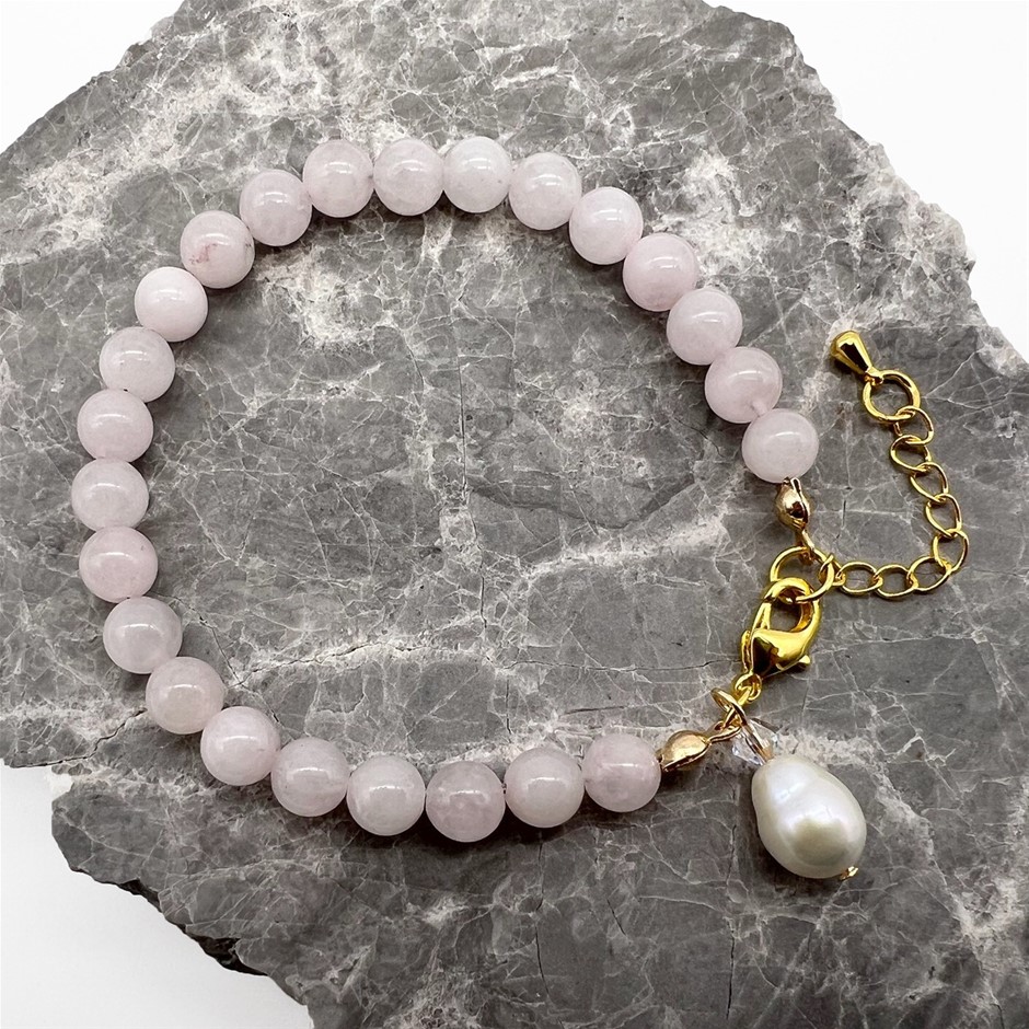 6mm Rose Quartz & Baroque Pearl Pendant Charm Bracelet