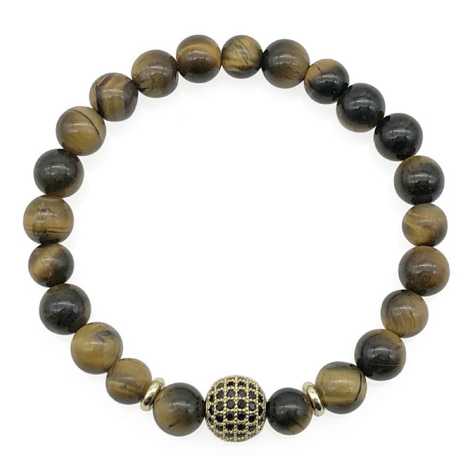 Men's 8mm Tiger Eye & Golden Rhinestone Beaded Gemstone Bracelet