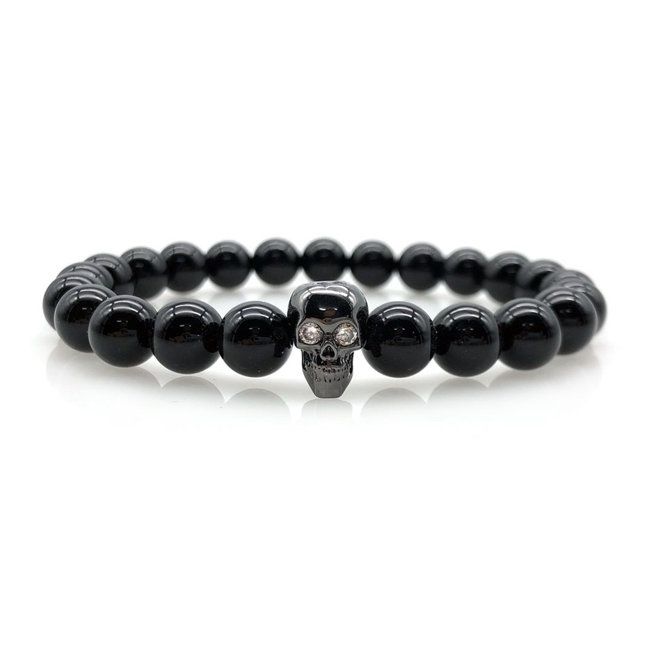 Men's 8mm Black Agate & AAA Grade Cubic Zirconia Skull Beaded Bracelet