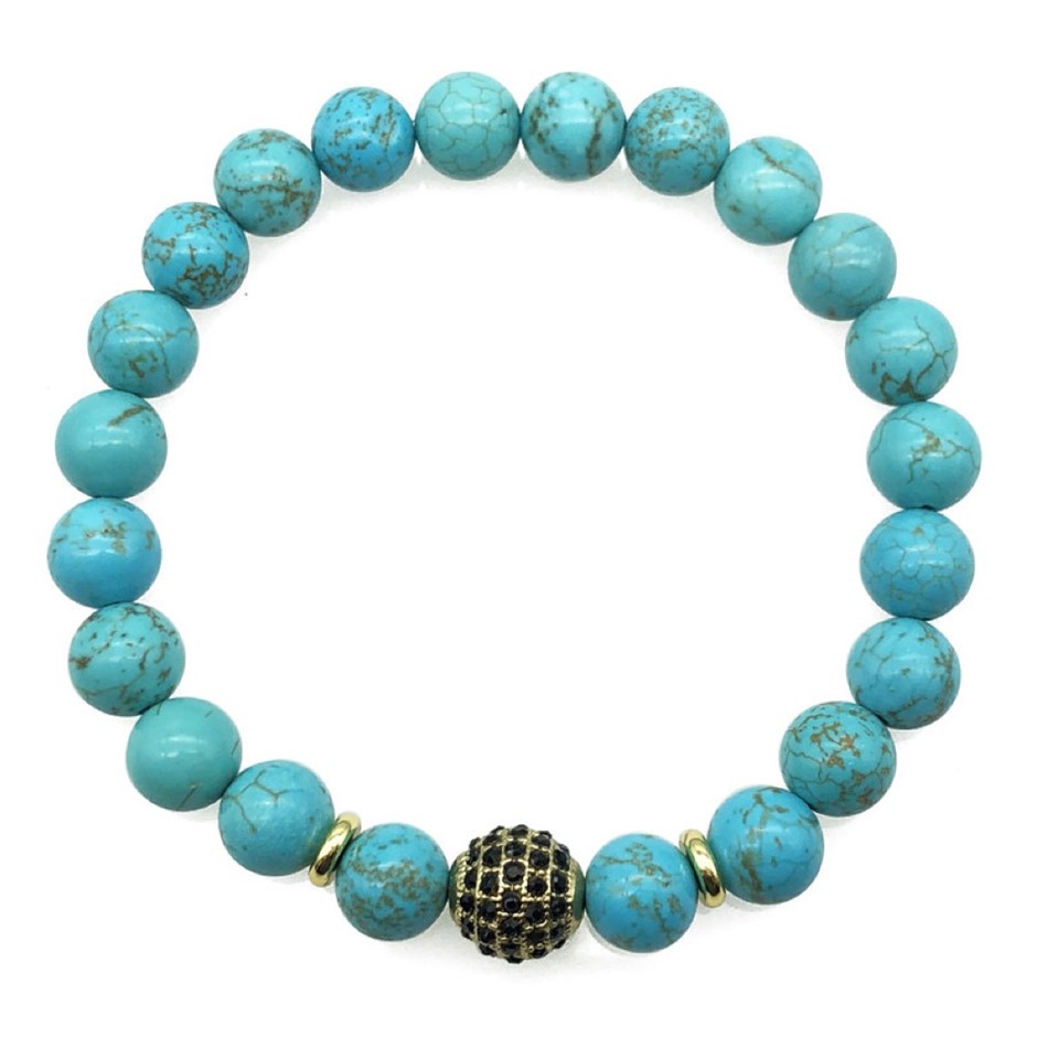 Men's 8mm Turquoise & Golden Rhinestone Beaded Gemstone Bracelet
