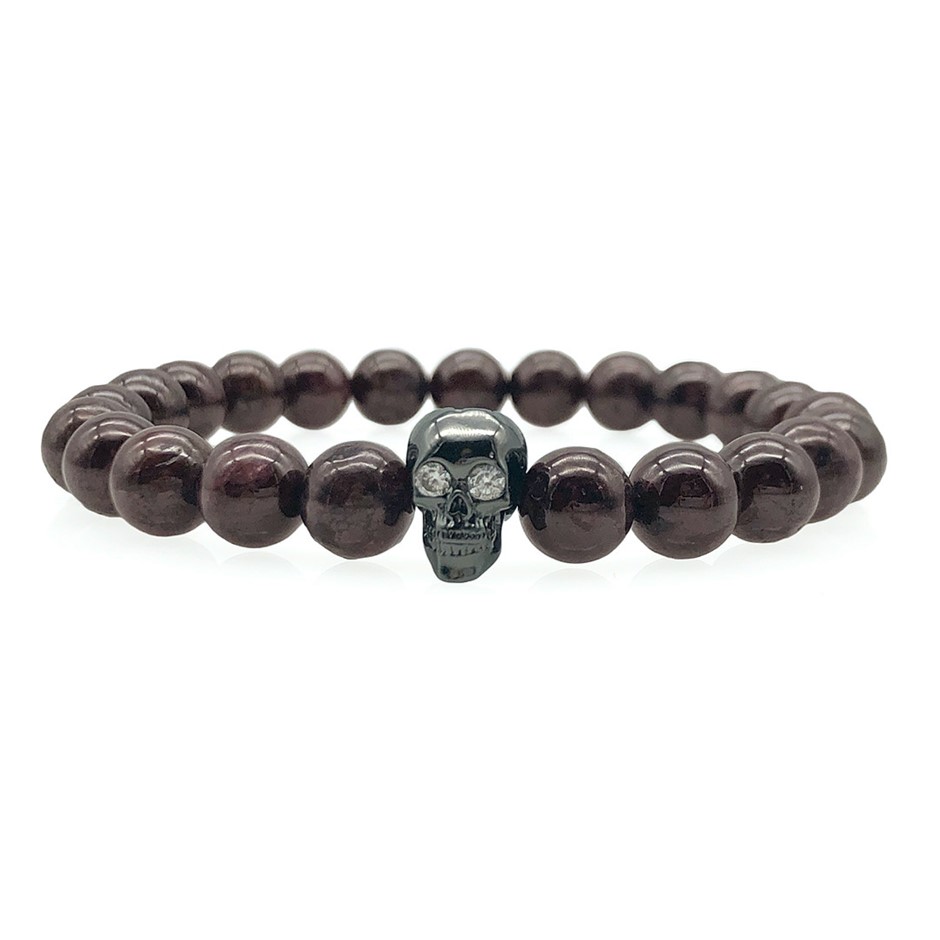 Men's 8mm Garnet & AAA Grade Cubic Zirconia Skull Beaded Bracelet