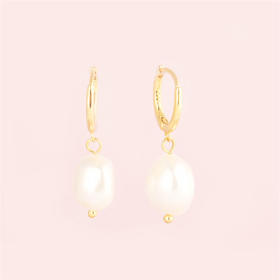 Fresh Water Pearl 925 Sterling Silver Huggie Hoop Earrings- Gold Plated
