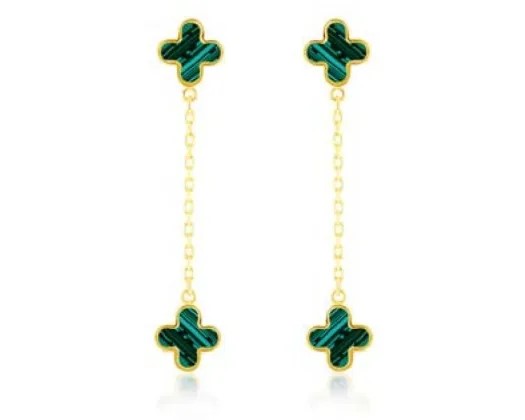 <B>9K Yellow Gold Malachite Petal Drop Earrings</B><P>
