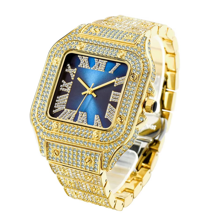 18k Gold Filled, Blue Face Iced Out Diamond Quartz Wrist Watch