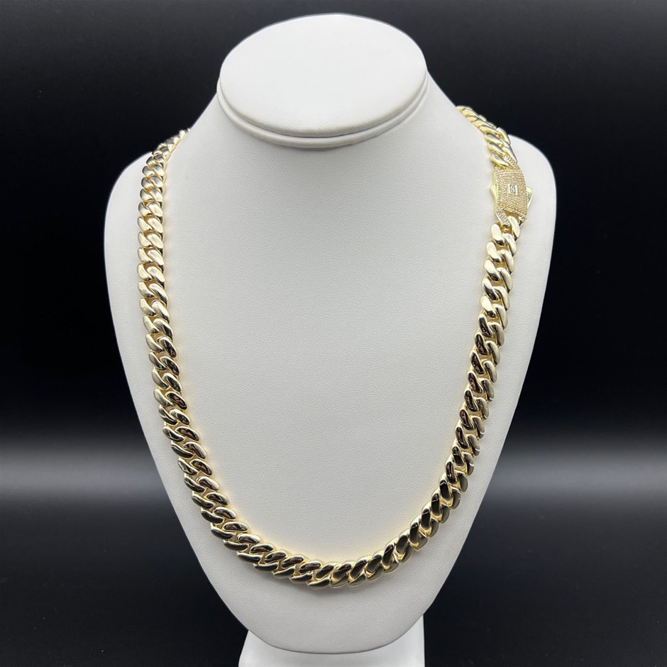 14K Gold-Filled Solid Cuban Necklace, Simulated Diamonds, 10MM Wide - 66cm