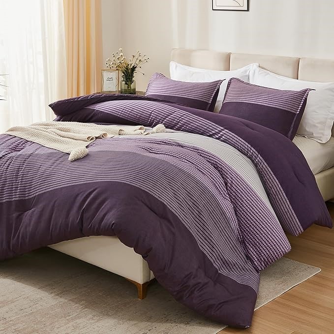 LITANIKA Purple King Comforter Set, 3 Pieces Striped Bedding Set, Lightweig