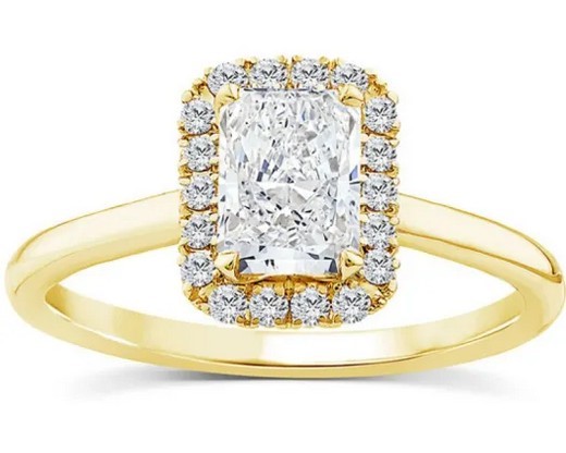 9K YELLOW GOLD 1.15ct F VS LAB DIAMOND RADIANT HALO RING