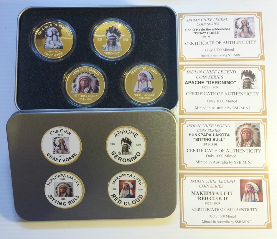 Indian Chief Series Set of 4 x 1 Oz Coins with COA  999 24k Gold