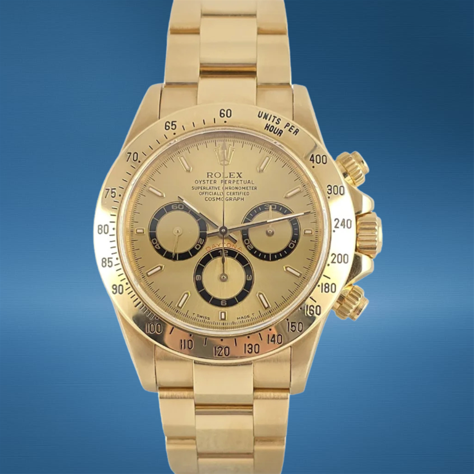 ROLEX DAYTONA 40MM 18K YELLOW GOLD 16528 AUTOMATIC CHAMPAGNE DIAL BXP & COA