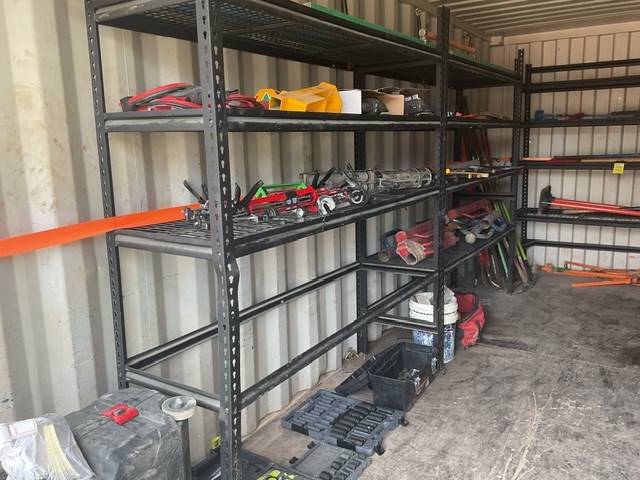 2 Bays Of Assorted Hand Tools, Power Tools,  Post Rammers, Screed, Sockets