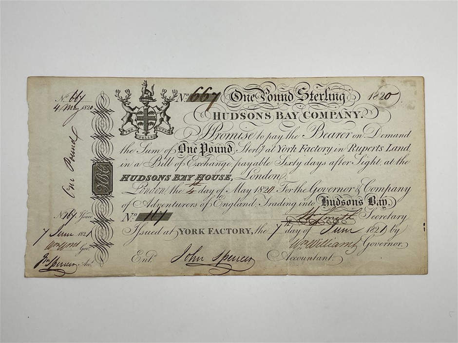 Canada Hudson's Bay Company One Pound, No 667, 4 May 1820 York Factory