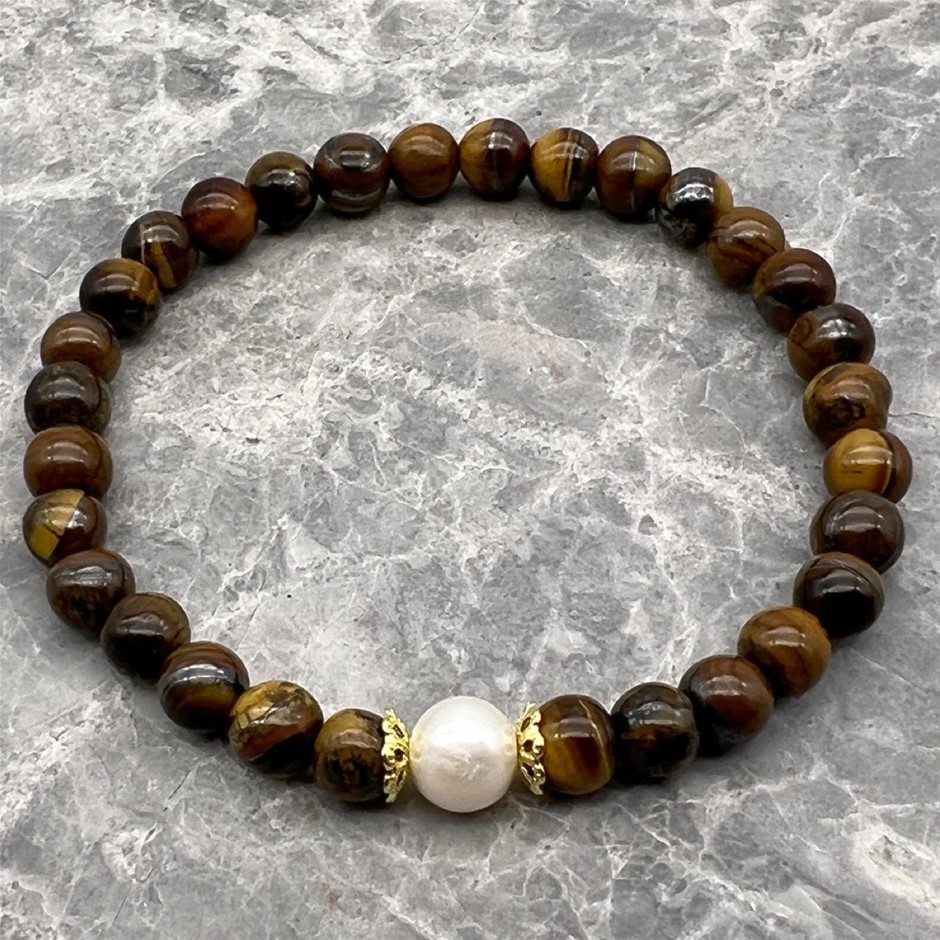 10mm White Pearls with Tiger Eye Gemstone Bracelet