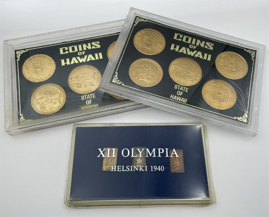 3 x Asstd World commemorative logo pins & coin sets