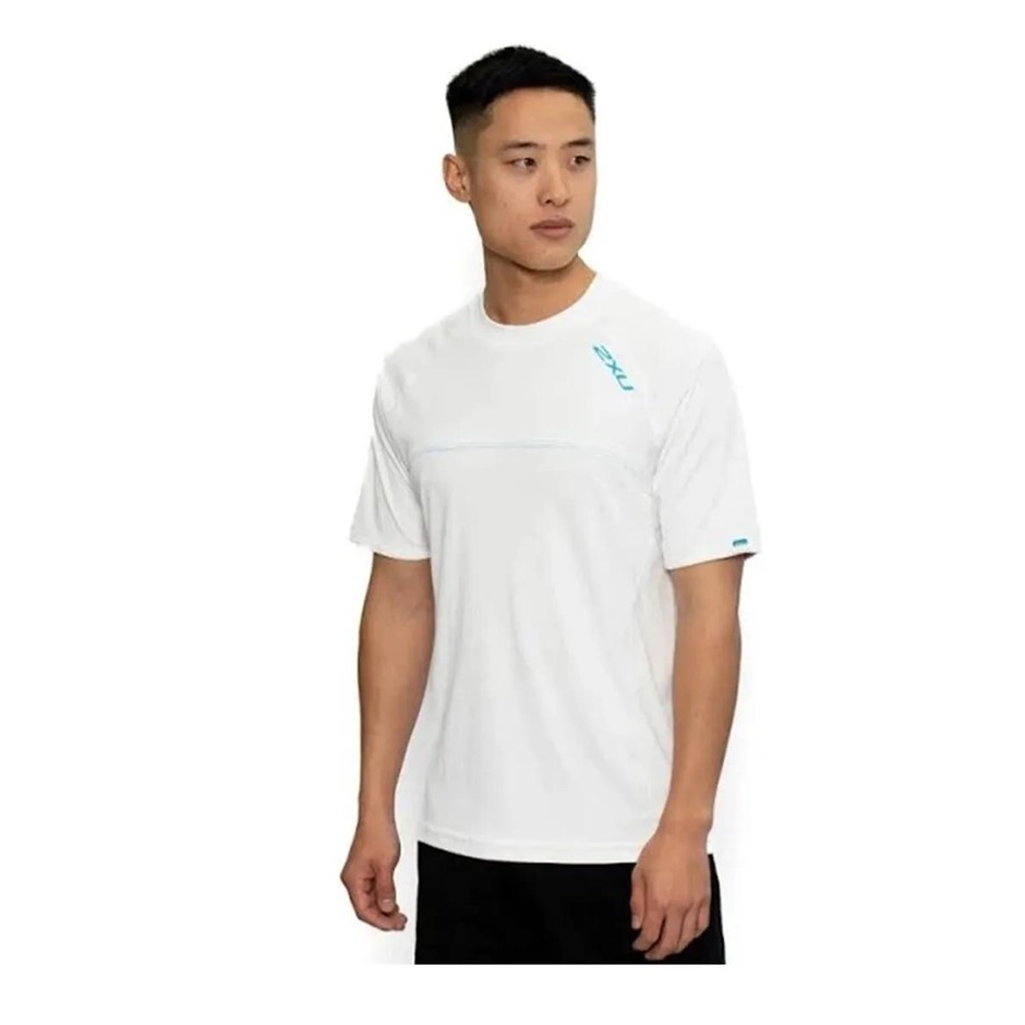 2 x 2XU Men's Sailing Short Sleeve Fibretech Shirt, Size L, White/Blue. Bu