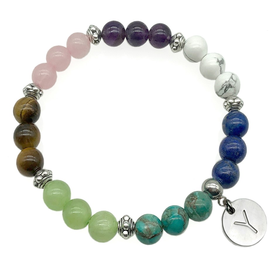 8mm Multi & Antique Silver Spacer Bead Letter 'Y'  Bracelet.