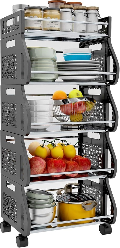 BABOIES 5 Tier Fruit Vegetable Basket, Kitchen Rolling Cart with Wheels, St