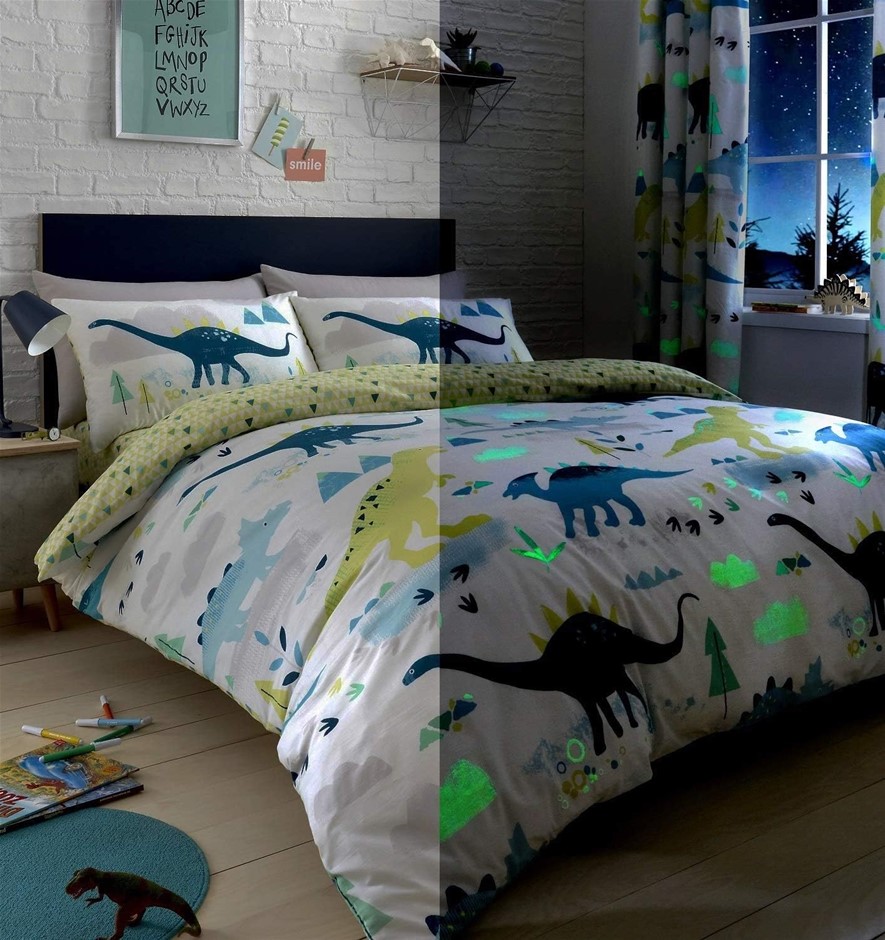 BEDLAM Glow in The Dark Dinosaur Duvet Cover Reversible Designs (Geometric