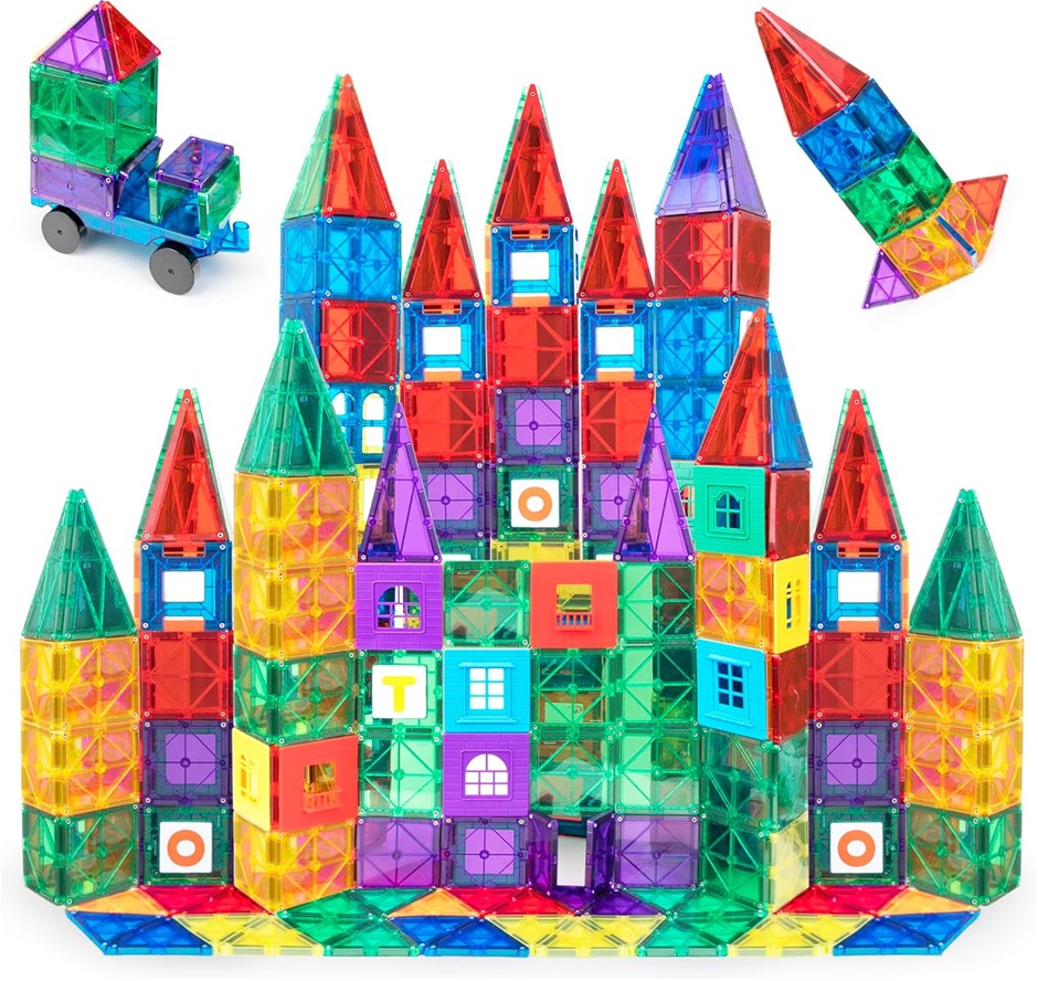 PLAYMAGS Supermags 3D Magnetic Tiles Mega Set w/ 13 ABC Clickins (150 Piece