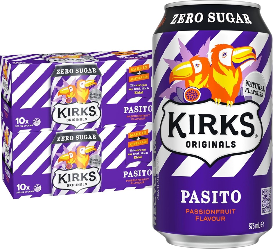 14 x Box of 10pk KIRKS Pasito Zero Sugar, 375ml Soft Drink Cans. Best Befor