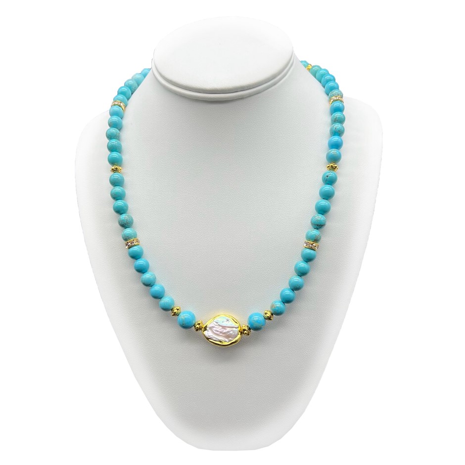 8mm Turquoise & Blister Pearl with Gold Trimming Beaded Necklace