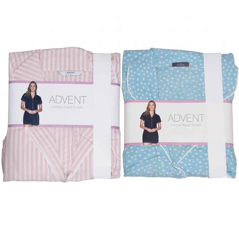 2 x ADVENT Women's Piped 2pc PJ Set, Size M, Cotton, Pink Stripe & Soft Blu