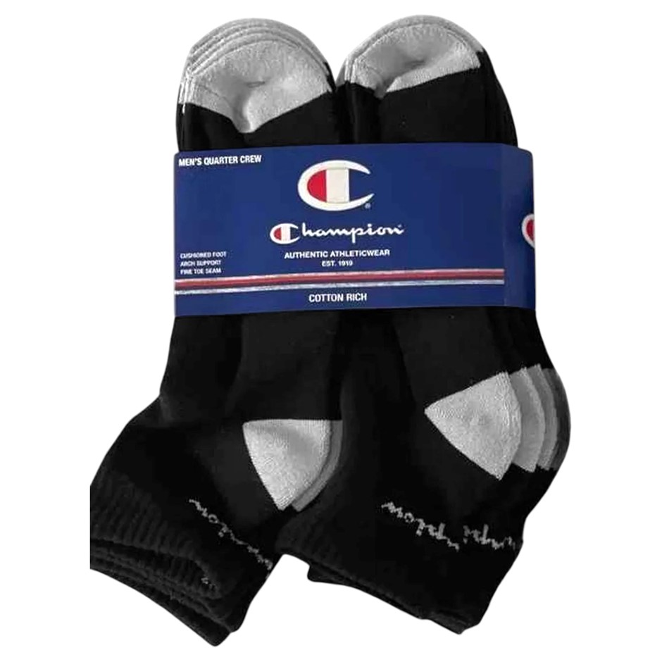 8 Pairs x CHAMPION Men's 1/4 Crew Socks, Size 6-10, Black, SXBT8G.