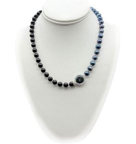 Freshwater, Baroque Pearl & Black Agate with Real Platinum Plated Necklace