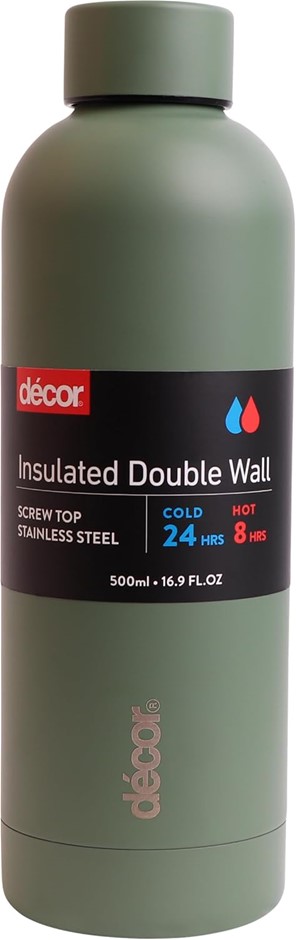 DECOR Stainless Steel Double Wall Screw Top Water Bottle, 500ml, Green