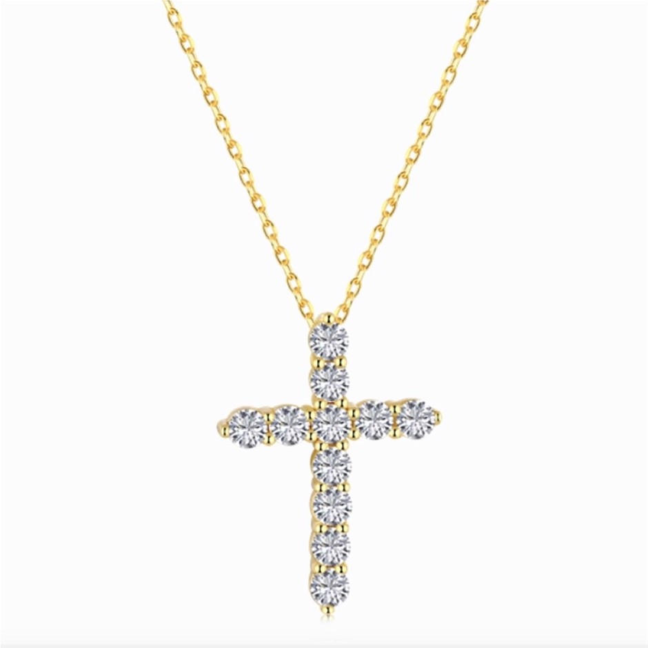 18K Gold Filled 925 Silver Simulated Diamonds Cross Pendant Necklace