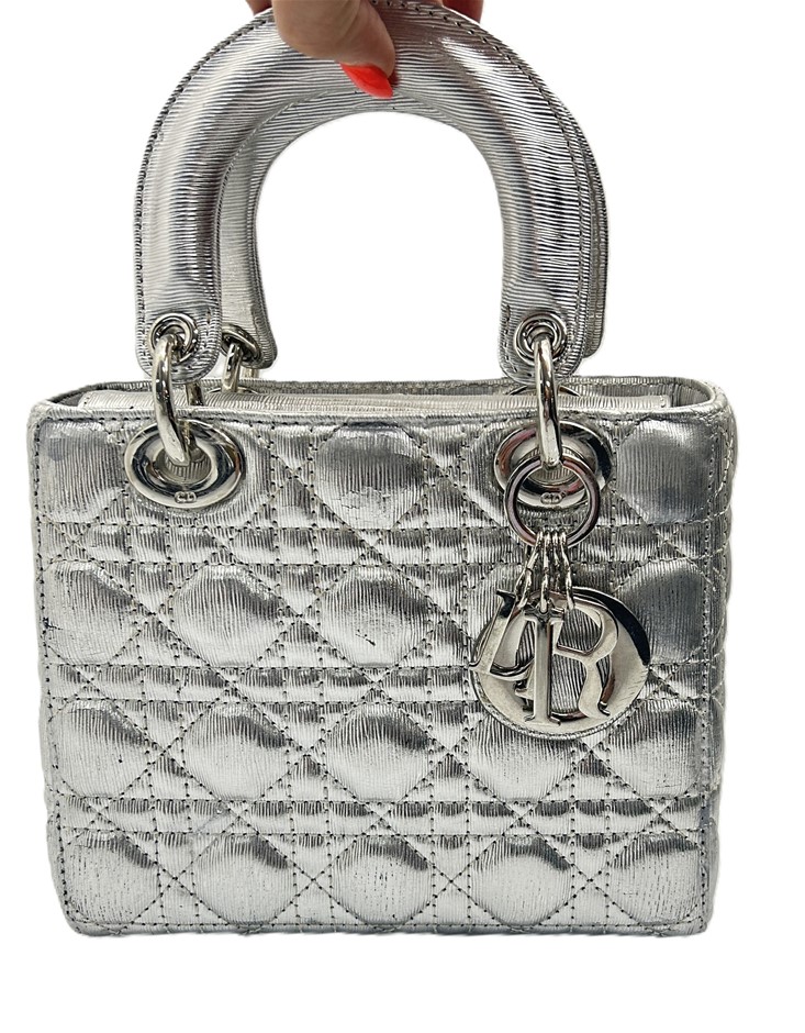 Christian Dior Lady Dior Small Handbag Metallic Silver Cannage Quilted