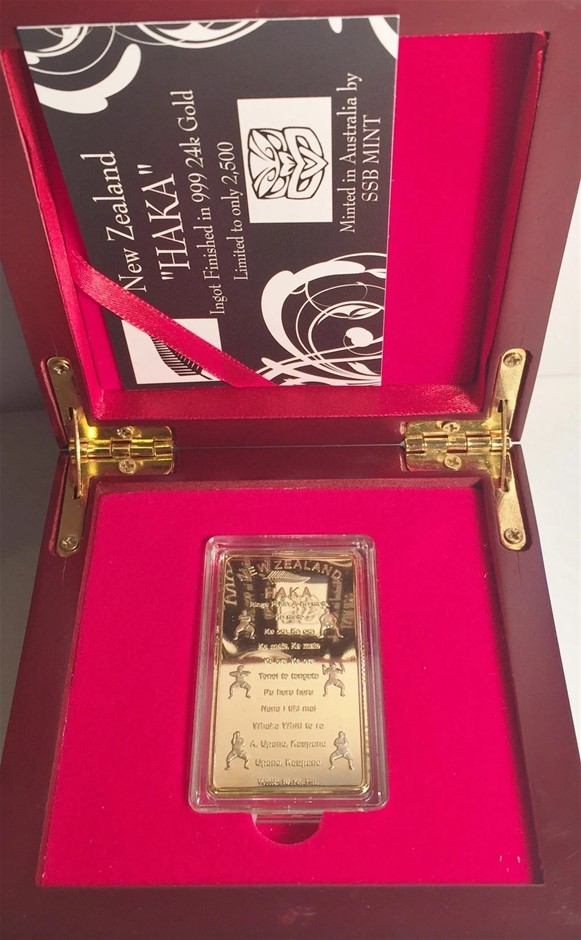 NEW ZEALAND "HAKA" 1 Oz Ingot HGE 999 Gold Wood D/Box COALTD 2,500