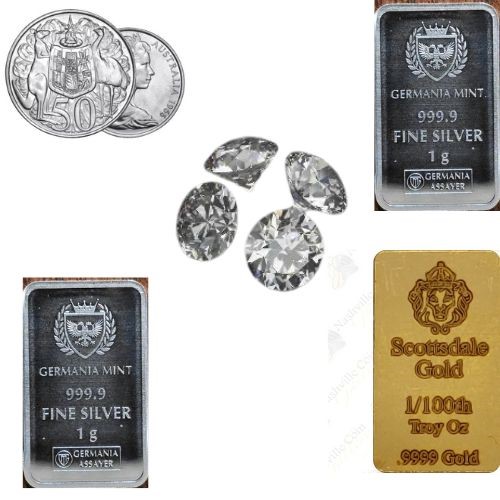 Bulk items, gold diamonds, silver coins