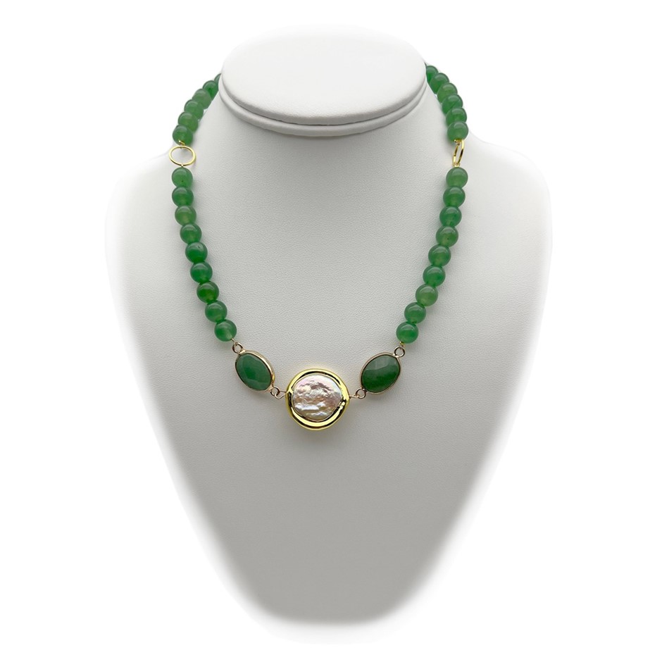 Green Aventurine & Blister Pearl Pendant Charm Link Necklace