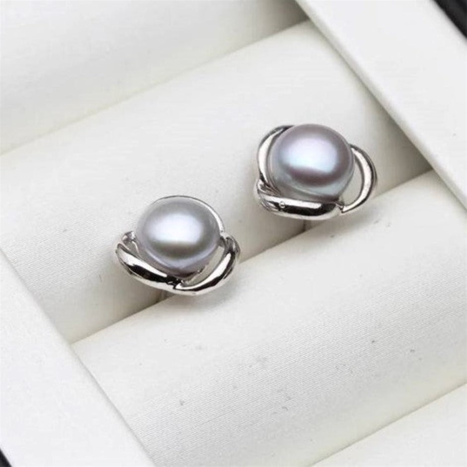 BIJ'OR - Genuine Grey Freshwater Pearl Classic Swirl Stud Earrings, RRP $59