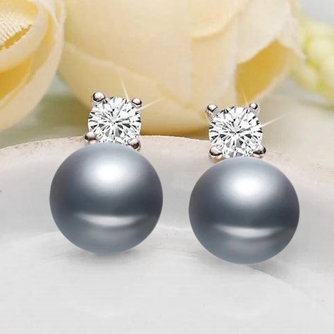 BIJ'OR - Genuine Grey Freshwater Pearl & Simulated Diamond Stud Earrings