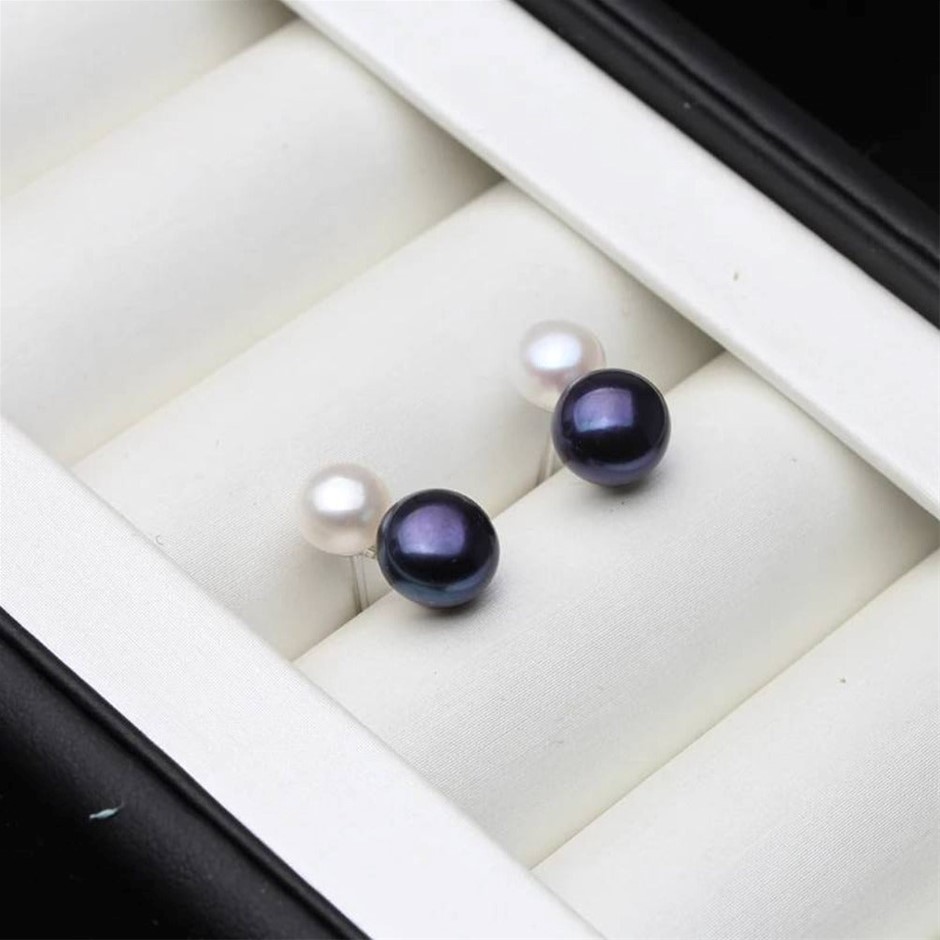 BIJ'OR - Genuine White, Black Freshwater Pearl Double Drop Earrings,RRP $59