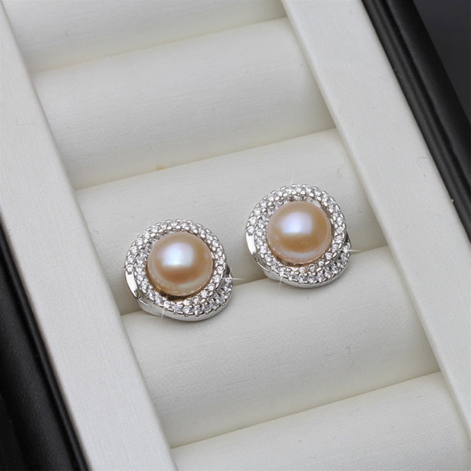 BIJ'OR - Genuine Simulated Diamond & Pink Freshwater Pearl Swirl Stud