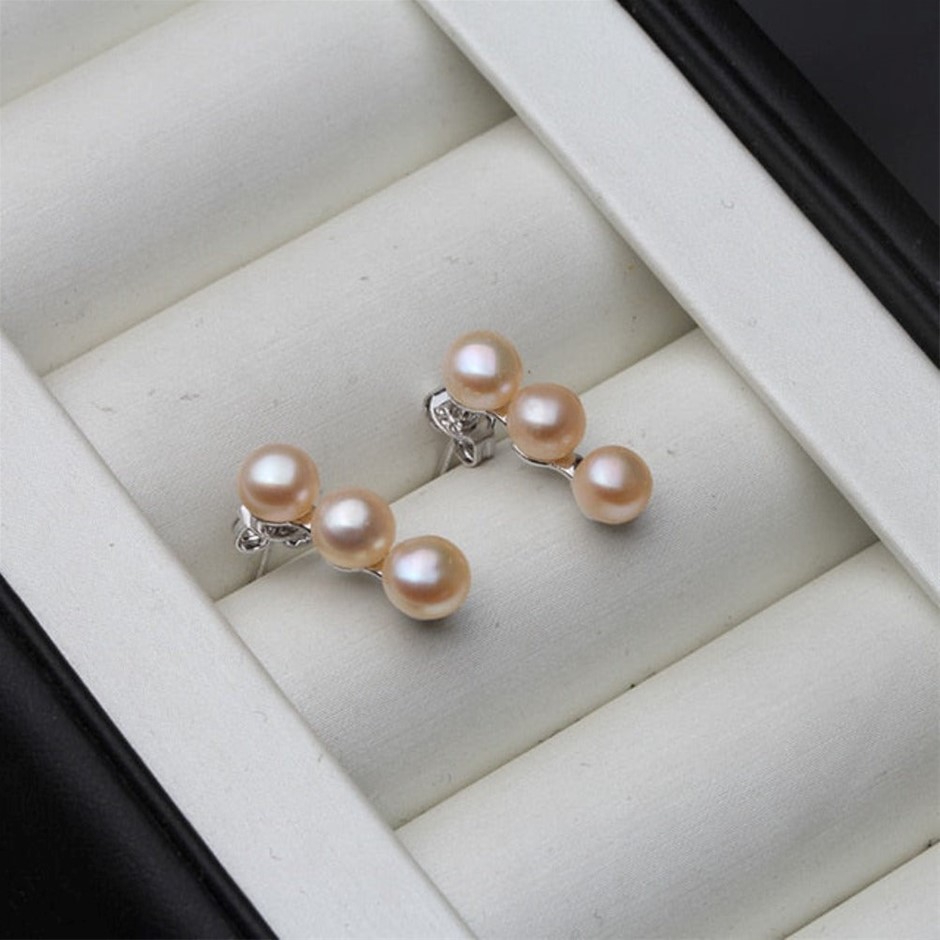 BIJ'OR - Genuine Pink Freshwater Pearl Triple Drop Stud Earrings, RRP $59