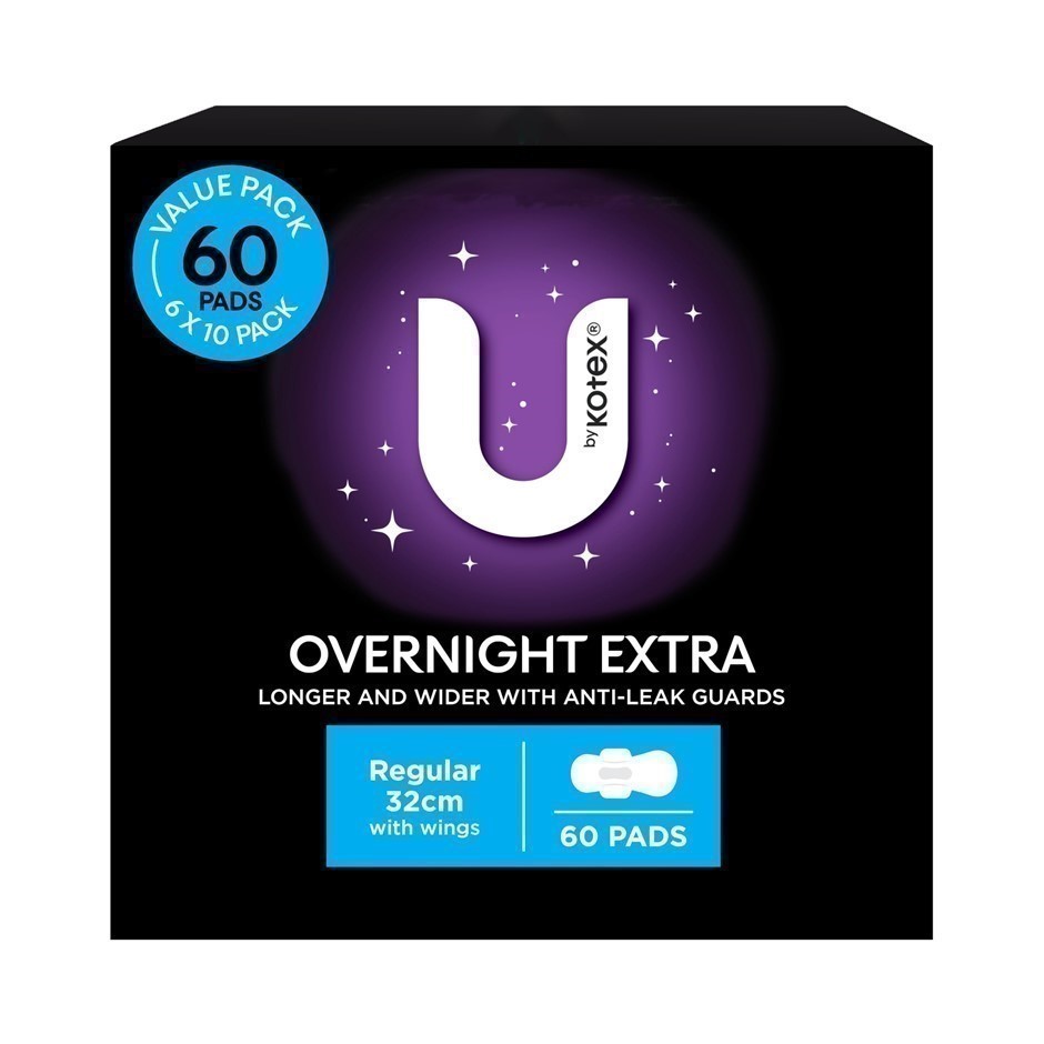 Box of 60pk U BY KOTEX Overnight Extra Regular Pads w/ Wings. N.B: Damaged