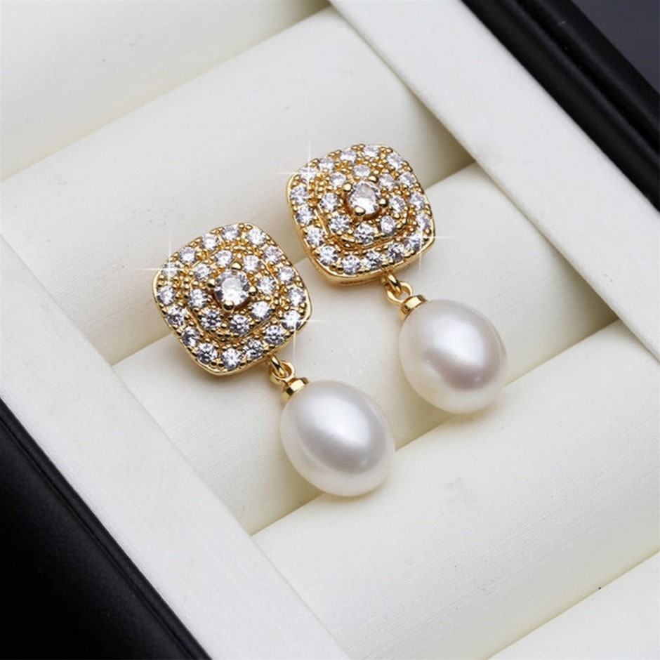 BIJ'OR - Genuine White Pearl & Simulated Diamond Earrings in Gold RRP $59