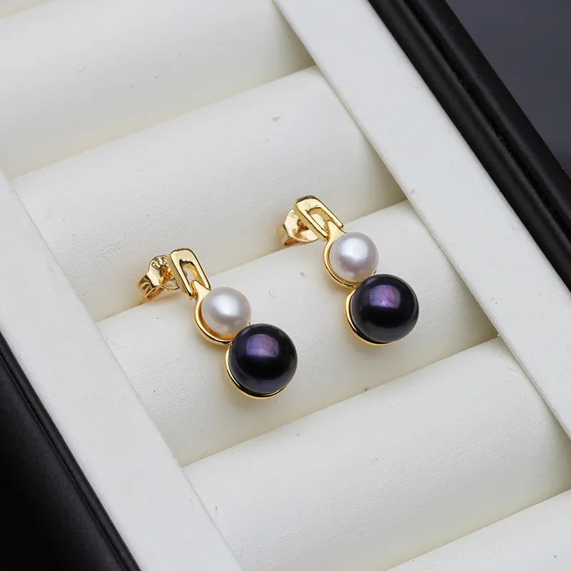 BIJ'OR - Genuine White, Black Pearl Double Drop Earrings in Gold RRP $59