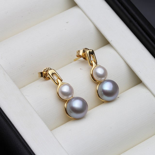 BIJ'OR - Genuine White, Grey Pearl Double Drop Earrings in Gold RRP $59