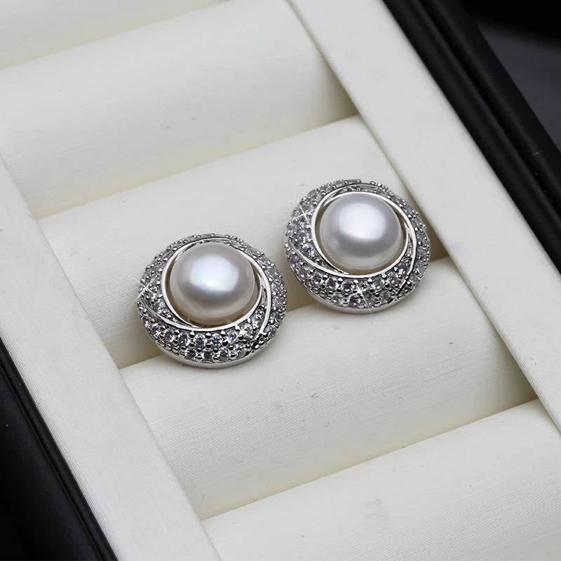BIJ'OR - White Pearl & Simulated Diamond Round Stud Earrings RRP $59