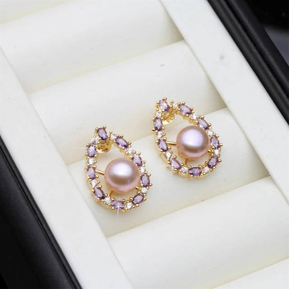 BIJ'OR - Genuine Purple Pearl & Purple Simulated Diamond Earrings RRP $59