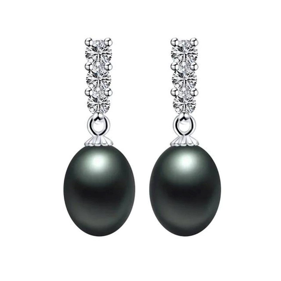 BIJ'OR Genuine Black Freshwater Pearl & Diamond Drop Earrings. RRP 59