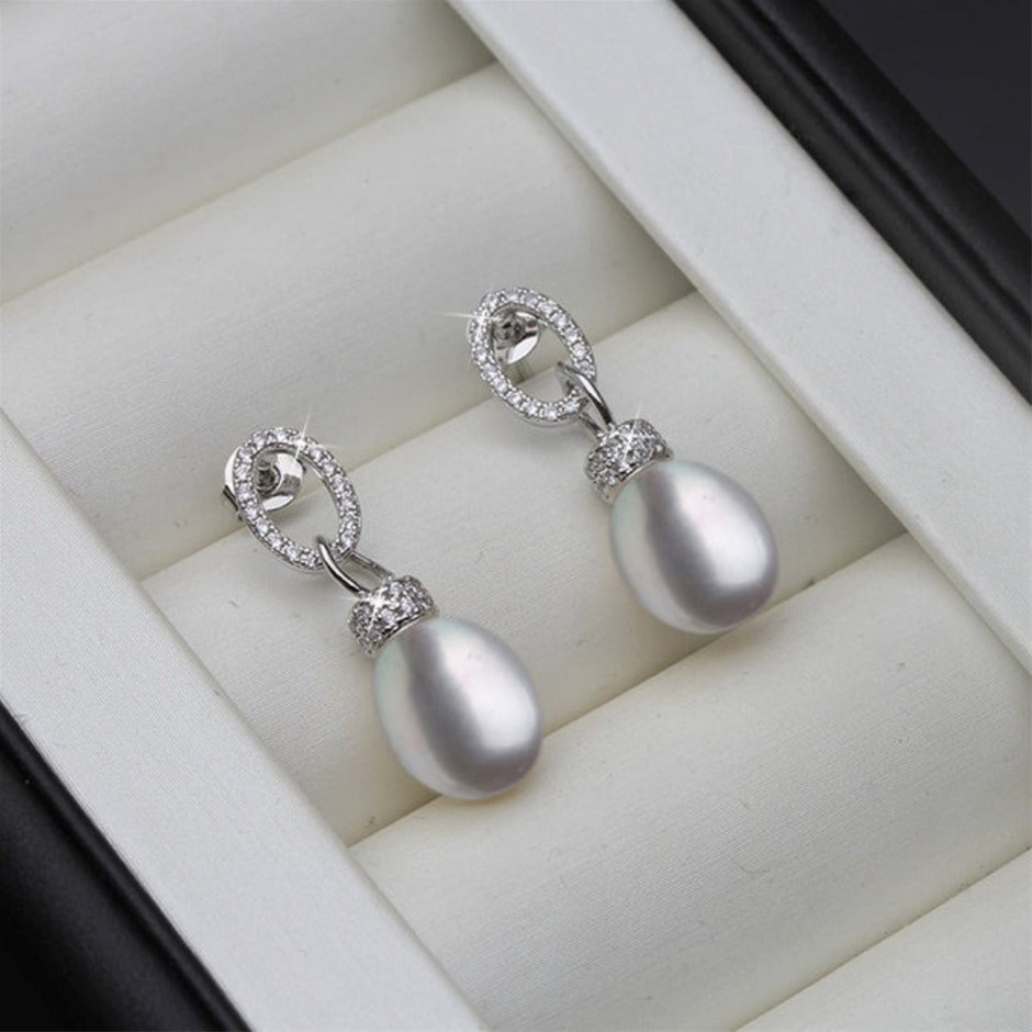 BIJ'OR - Genuine Grey Freshwater Pearl & Diamond Drop Earrings. RRP 59