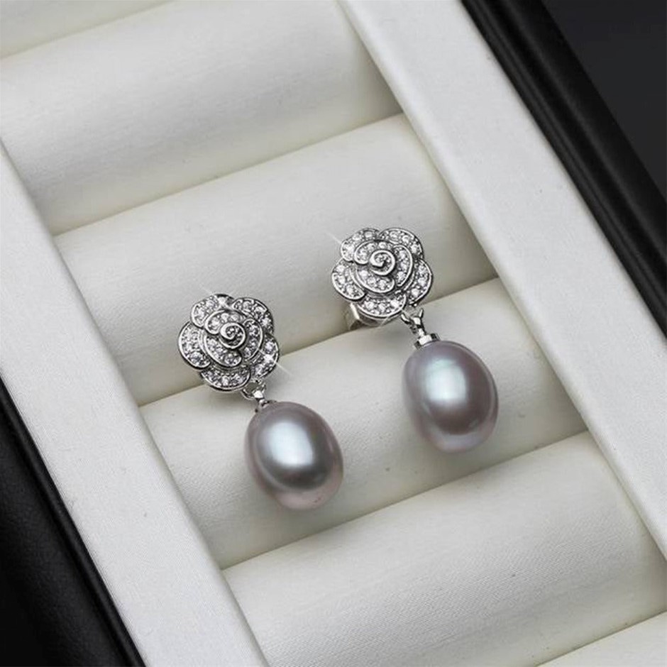 BIJ'OR Genuine Grey Freshwater Pearl & Diamond Floral Drop Earrings. RRP 59
